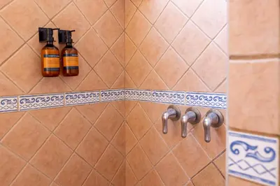 two bottles of essential oils sitting on a shelf in a shower at ONDA - Playa Grande - Adults Only in Playa Grande