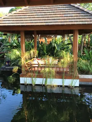 a gazebo over a pond in a garden at Canta La Rana in Bejuco