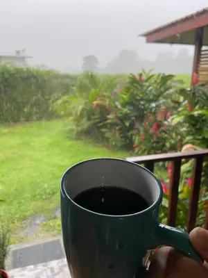 a person holding a cup of coffee on a balcony at La fortuna cabañas Kwepal vista al volcan Arenal in Fortuna