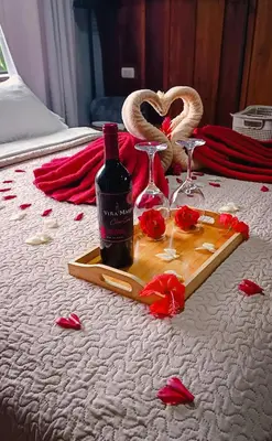 a bottle of wine and two glasses on a bed with roses at La fortuna cabañas Kwepal vista al volcan Arenal in Fortuna