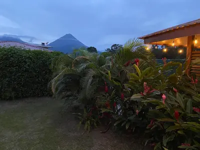a garden with plants and a view of a mountain at La fortuna cabañas Kwepal vista al volcan Arenal in Fortuna