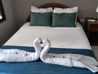 two towels shaped like swans sitting on a bed at Hotel La Vid La Fortuna in Fortuna