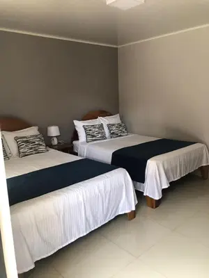 two beds sitting in a room with at Hotel La Vid La Fortuna in Fortuna