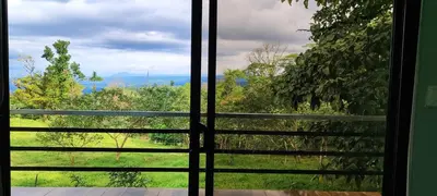 a window with a view of a green field at Río Celeste Nature View in Upala