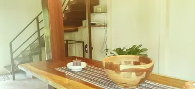 a wooden table with a plant on top of it at Greenhouse Lofts Miravalles in Aguas Claras