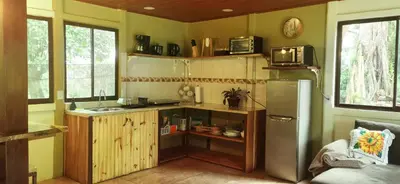 a kitchen with a stainless steel refrigerator and a microwave at Greenhouse Lofts Miravalles in Aguas Claras
