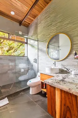 a bathroom with a sink and a toilet and a mirror at Cougar Monteverde in Monteverde Costa Rica