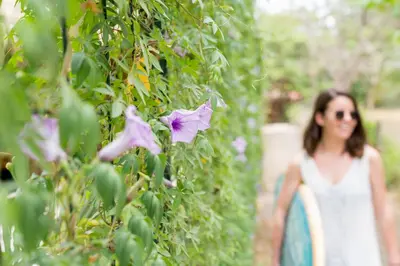 a woman walking through a garden with purple flowers at Iluminar Beachfront Suites in Nosara