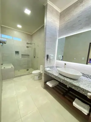 a bathroom with a sink and a toilet and a shower at Hotel Naoz in Manuel Antonio