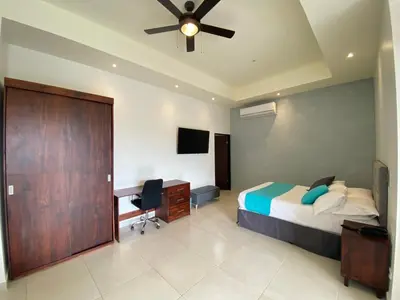 a bedroom with a bed and a desk and a ceiling fan at Hotel Naoz in Manuel Antonio