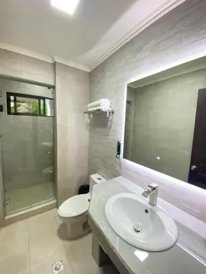 a bathroom with a sink and a toilet and a mirror at Hotel Naoz in Manuel Antonio