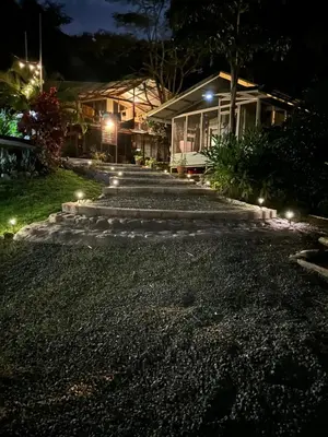 a house with lights on a driveway at night at Bamboo River House and Hotel in Dominical