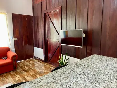 a living room with a television on a wooden wall at La Cabaña de Merce in Tanque