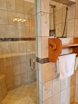 a bathroom with a shower with a towel at Villa Corazón - private beach at Lake Arenal in Nuevo Arenal