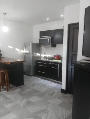 a kitchen with black cabinets and stainless steel appliances at Pura vida apartments in Quepos