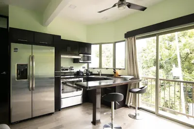 a kitchen with stainless steel appliances and a large window at Palo Rosa in Quepos