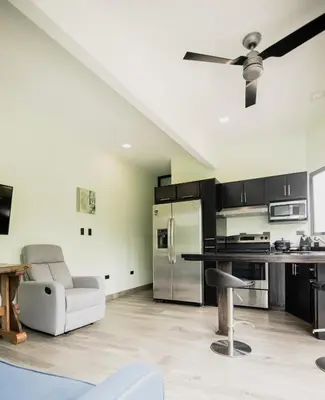a kitchen with black cabinets and a ceiling fan at Palo Rosa in Quepos