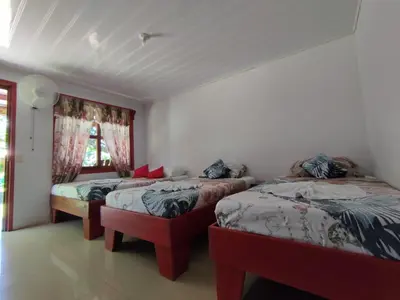 a bedroom with two beds and a window at Cabañas Daneysha in Tortuguero