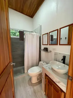 a bathroom with a toilet and a sink at Casa de Teak in Savegre