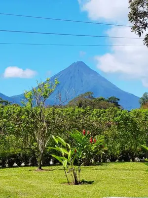 a mountain in the distance with a green field at Villa Ceiba in Fortuna