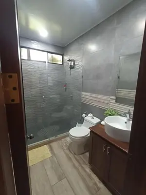 a bathroom with a toilet and a sink and a shower at Villa Ceiba in Fortuna