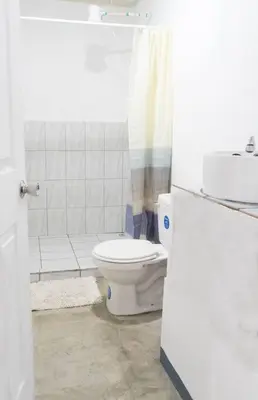 a white bathroom with a toilet and a shower at NAPPO Room 2 Alajuela, Heredia,SJO,5min from airport NO PARKING in Guácima
