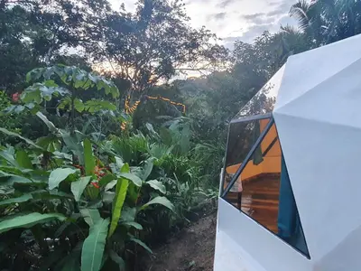 a house with a mirror in a garden at Glamping Tomaselli in Manuel Antonio