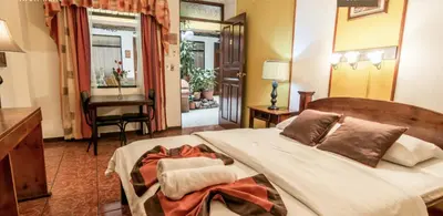 a bedroom with a bed and a desk and a mirror at Hotel Amón Real Costa Rica in San José