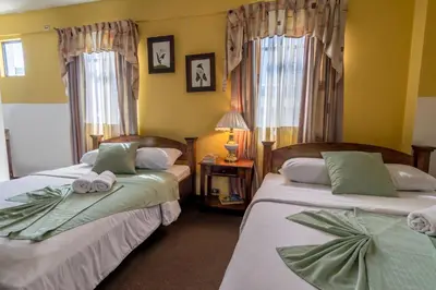two beds in a room with yellow walls and windows at Hotel Amón Real Costa Rica in San José