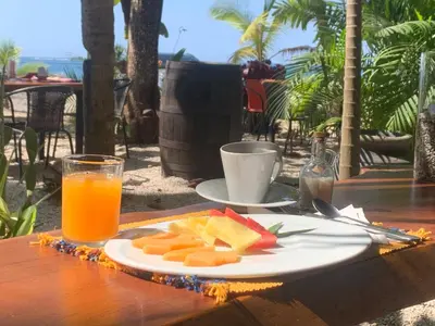 a plate of fruit and a glass of orange juice on a table at Beach Front Bahia in Sámara