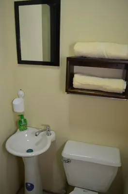 a bathroom with a toilet and a sink and a mirror at #3 Private room Close to Airport in Alajuela City