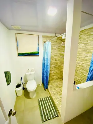 a bathroom with a toilet and a shower and a sink at Nomads Family Rooms, Fortuna Town in Fortuna