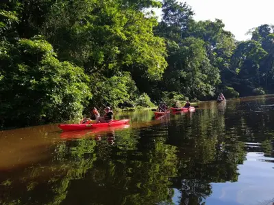 a group of people in red kayaks on a river at Natural Experience House in Tortuguero