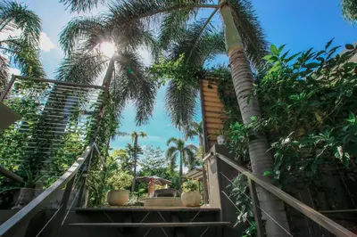 a staircase leading up to a house with a palm tree at Tamarindo Bay Boutique Hotel, Apartments & Suites in Tamarindo