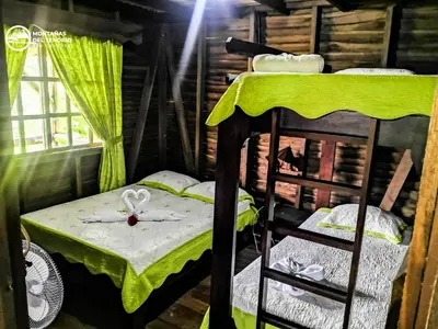 a room with two bunk beds and a window at Cabañas Montañas del Tenorio in San Rafael