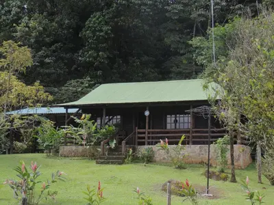 a house with a green roof in a garden at Cabañas Montañas del Tenorio in San Rafael