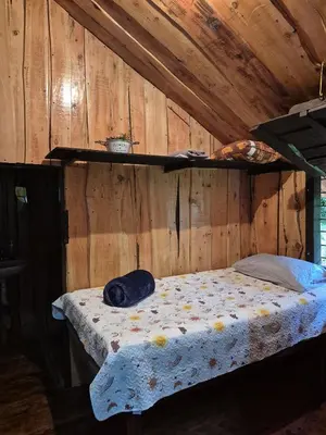 a bed in a room with a wooden wall at Cabaña de montaña Queca in Poás