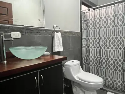 a bathroom with a green bowl sink and a shower at Casa Laureles in Guápiles