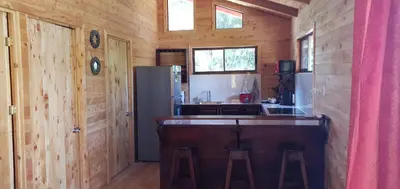 a kitchen with a counter and a refrigerator in a cabin at Cabaña Tio King in Uvita