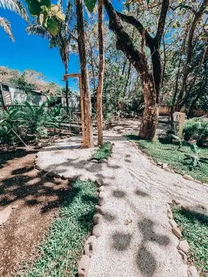 a path in a garden with trees and rocks at Little Escape in Santa Teresa Beach