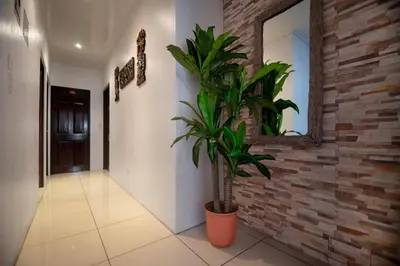 a hallway with a potted plant and a mirror at Elegant Villa in La Fortuna with spacious backyard plus very private pool & parking in Fortuna