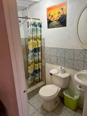 a bathroom with a toilet and a shower curtain at Pura Vida Hostel in Tamarindo