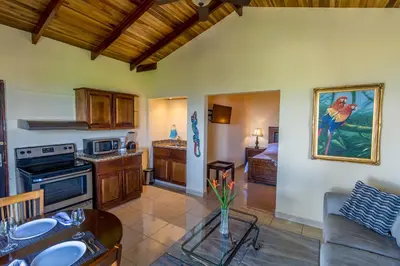 a kitchen with a couch and a table in a room at Barons Resort in Atenas
