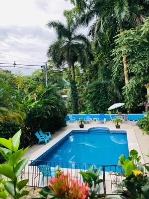 a swimming pool in a resort with palm trees at Hospedaje Colibri in Manuel Antonio