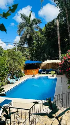 a large blue swimming pool with chairs and a fence at Hospedaje Colibri in Manuel Antonio