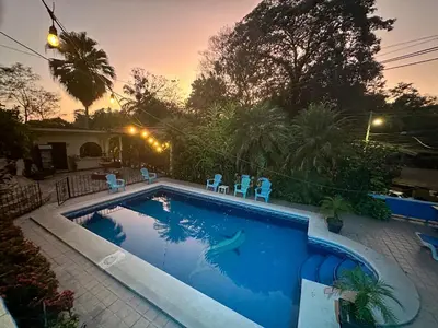 a swimming pool with a shark in the water at Hospedaje Colibri in Manuel Antonio