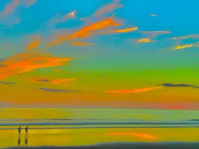 a painting of a couple standing on the beach at sunset at Beach Guesthouse in Manuel Antonio