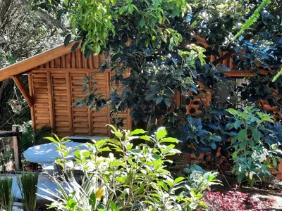 a wooden shelter in a garden with plants at Eco-Turismo Guayacanes in Sámara