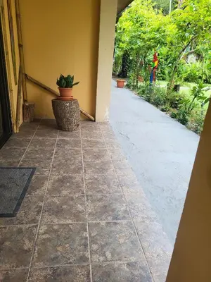 a porch with a potted plant on the side of a house at Villas Playa Palo Seco in Parrita