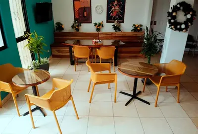 a restaurant with tables and chairs in a room at Trebol Amarillo Bed & Breakfast in Escazu